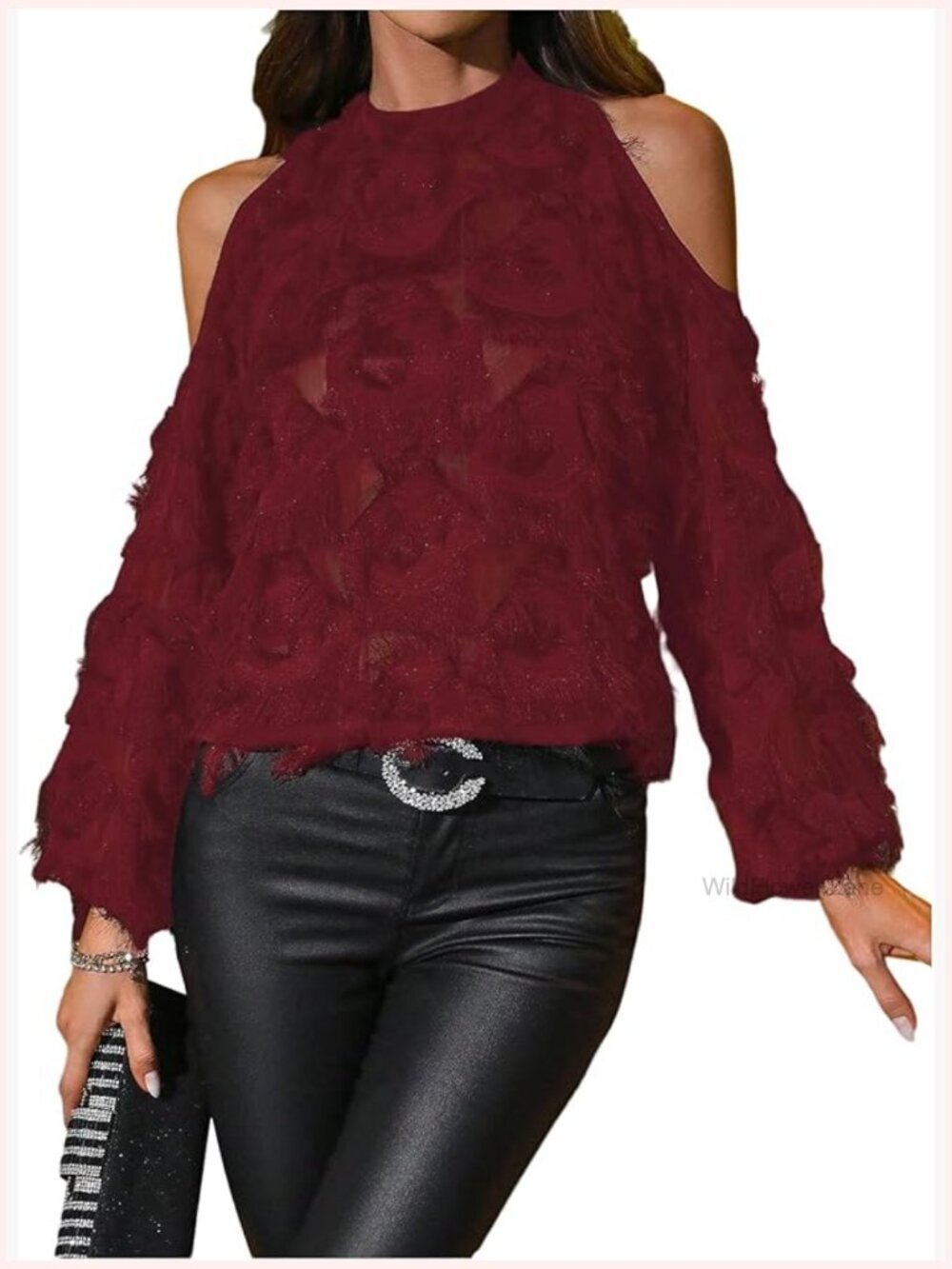 Cold Shoulder Blouse Fringe Feather Trim Halter Top Sheer Long Sleeve Shirt